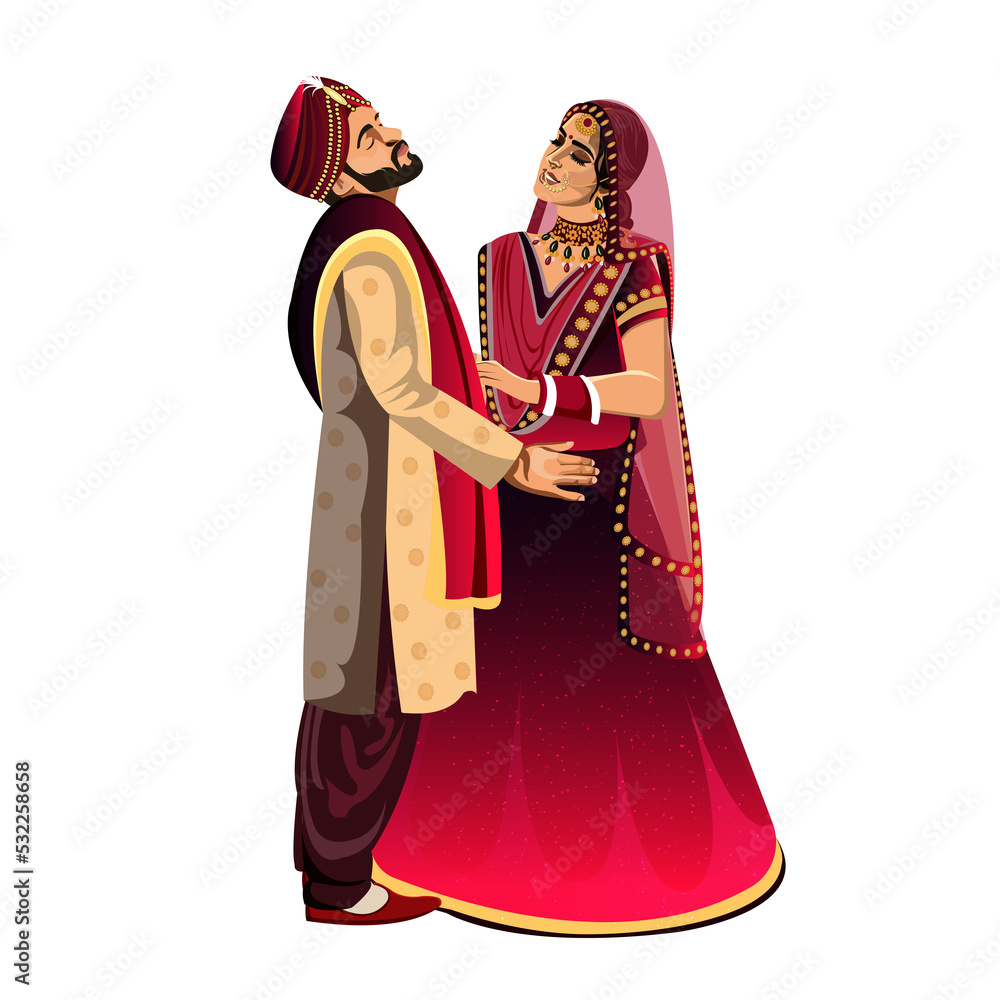 Indian wedding couple character bride and groom