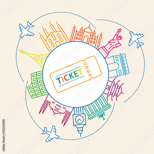 Vector Travel Concept. Payment for ticket for flight airplane.Choice of travel route. Vacation location search. Trip Illustration.