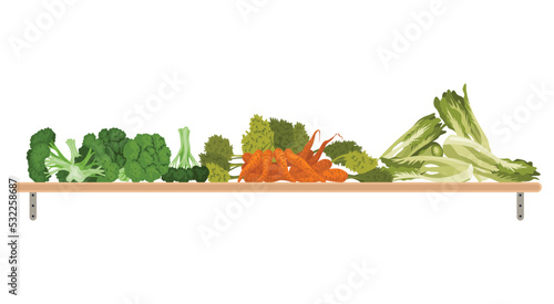 Shelf with vegetables. Assorted fresh vegetables. Farmers marker, grocery store, zero waste shop. Local market food, fresh and organic farm products. Delicious and healthy food on wooden shelf
