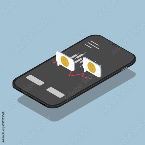 3D smartphone. Smartphone. Phone with stock exchange application. Stock market  trading graph, exchange. Speech bubbles with coins.