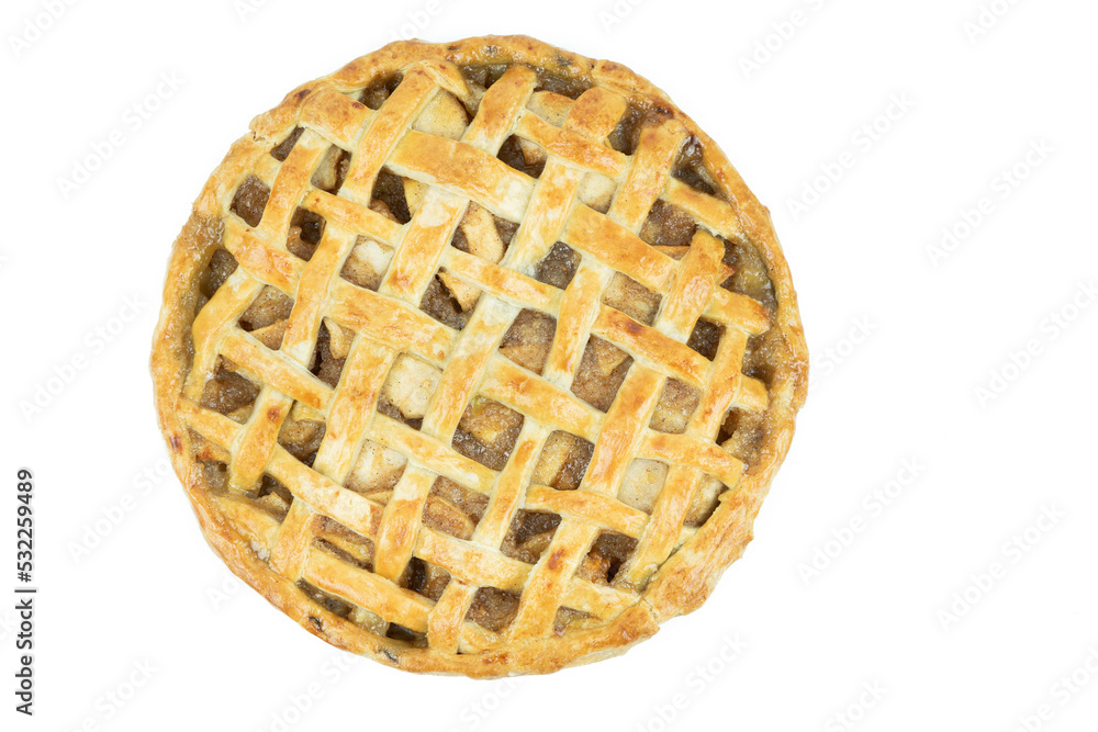 Baked apple pie with trellis decoration on a white background. Baked apple pie with trellis decoration on a white background.