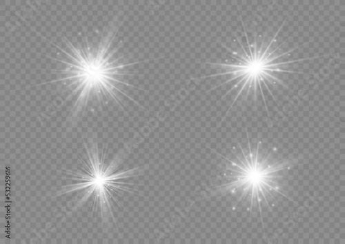 Set of glowing white stars bursts with sparkles. Sunlight special lens flare light effect. Shine  sparks  flash on transparent background. Glowing lights  star sparkl. Transparent shining sun. Vector.