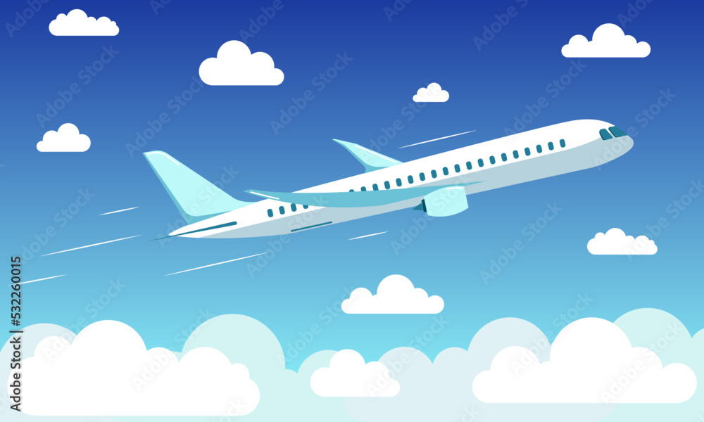 A white plane is flying in a blue sky with white clouds. Flat style.