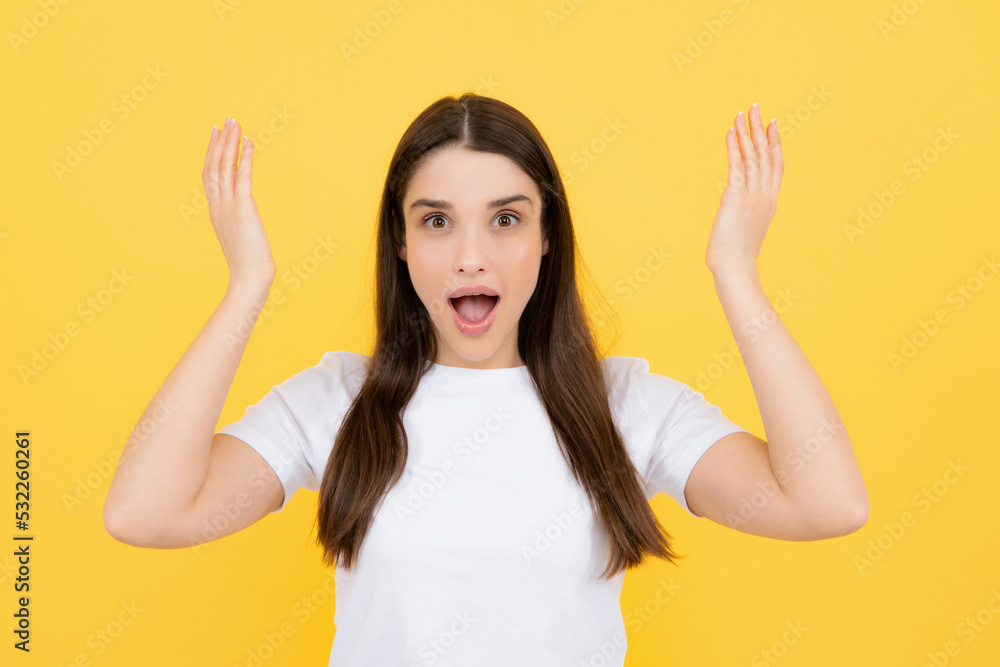 Surprised astonished young woman with open mouth. Portrait of excited amazed gasping girl. Expressive facial expressions. Excited female face. Surprised astonished young woman with open mouth. Portrait of excited amazed gasping girl. Expressive facial expressions. Excited female face.
