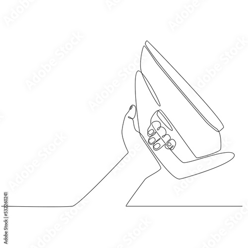 Continuous line drawing of hands holding iron