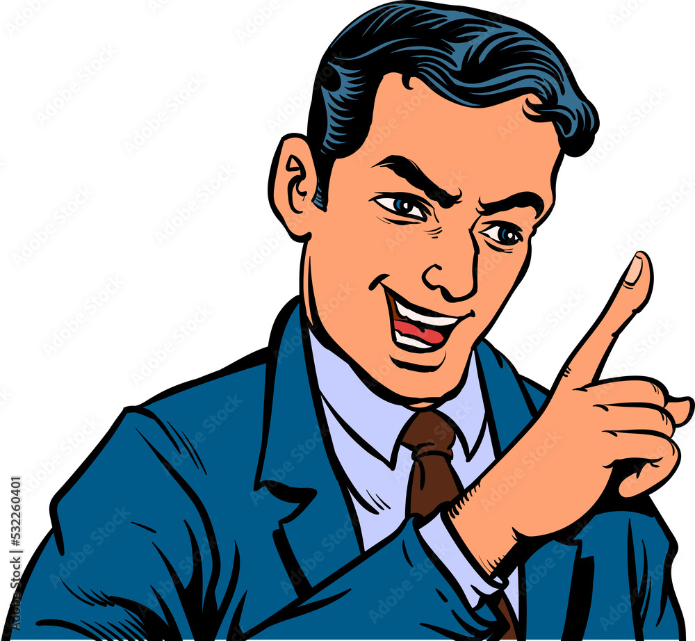 A man with a cheerful smile pointing up. Pop art hand drawn style design illustrations transparent background. A man with a cheerful smile pointing up. Pop art hand drawn style design illustrations transparent background.
