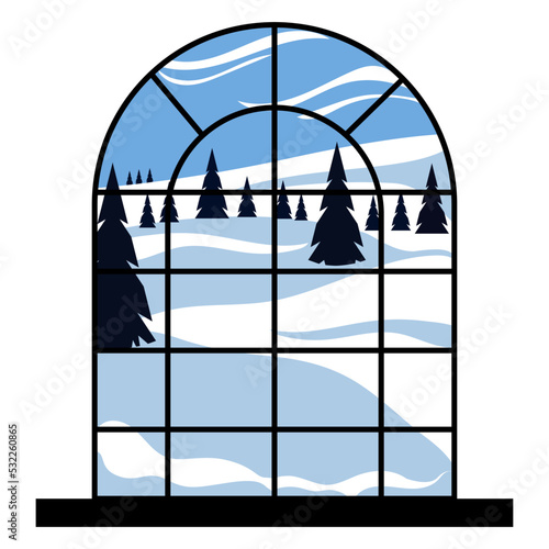 Window view of the winter landscape cartoon vector illustration isolated on a white background. View through a window frame of a field covered with snow and Christmas trees.