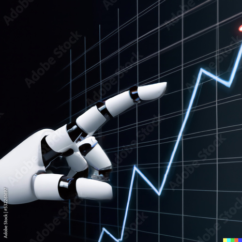 Bot trading concept, robotic arm pointing to a chart