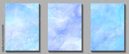 Blue watercolor vector art background set for cards, flyer, poster, banner and cover design. Hand drawn illustration for design. Place for text. Winter watercolour texture. Christmas backdrop.