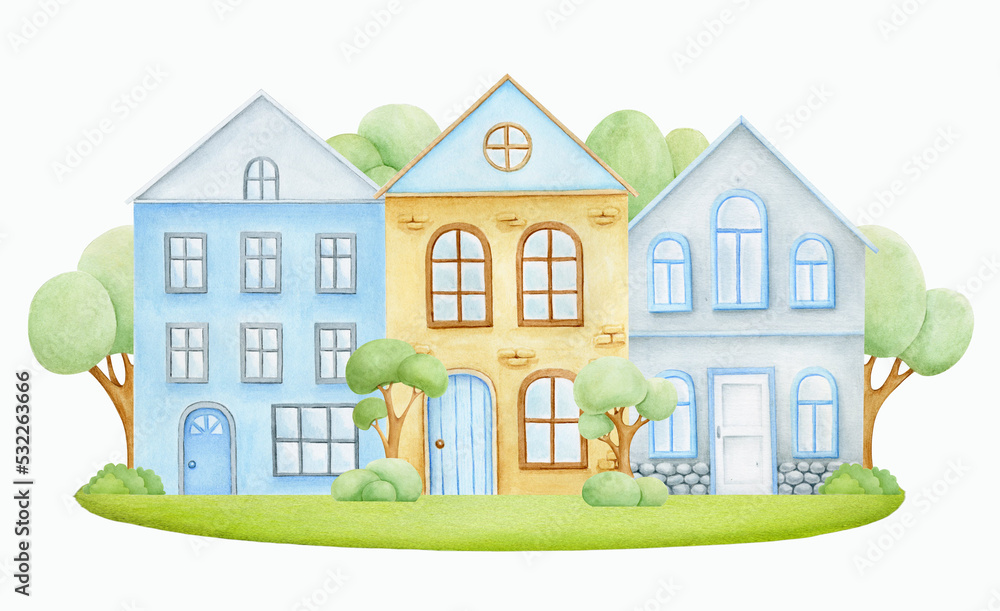 Watercolor houses, trees, hand-drawn set, isolated on white background Watercolor houses, trees, hand-drawn set, isolated on white background