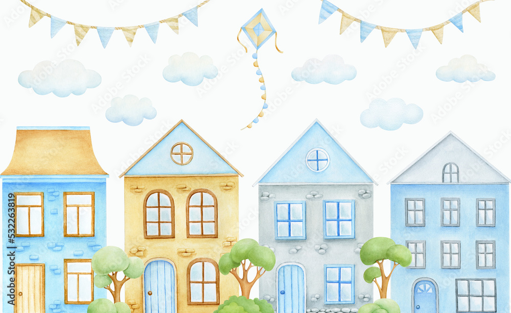Watercolor houses, trees, hand-drawn set, isolated on white background Watercolor houses, trees, hand-drawn set, isolated on white background