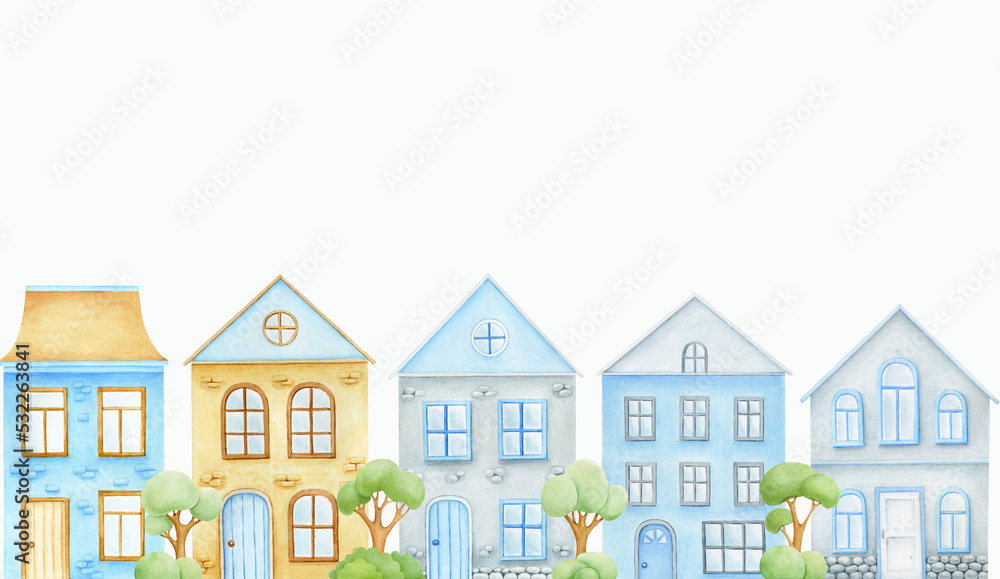 Watercolor houses, trees, hand-drawn set, isolated on white background