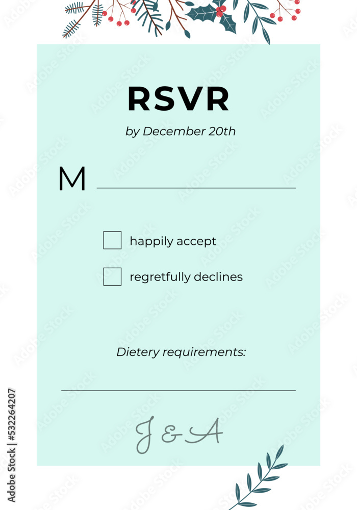 wedding Rsvp card winter design. Template with text. Vector botanical layout in a soft hand-drawn style
