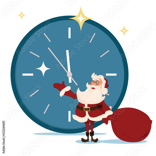 The character of Santa Claus. Christmas Nick. Funny Santa Claus for Christmas with gifts and clocks. Cartoon vector illustration.