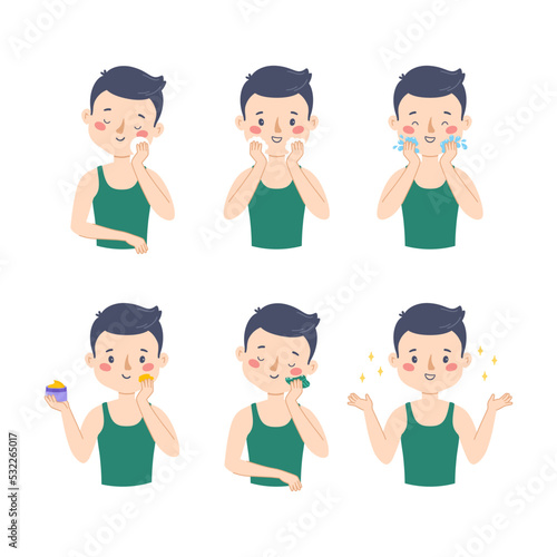 Boy skin care face. Cleansing and gua sha massage. Vector set. Cute man illustration isolated on white background