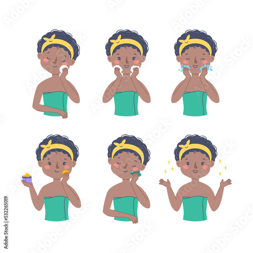 Girl skin care face. Cleansing and gua sha massage. Vector set. Cute woman illustration isolated on white background