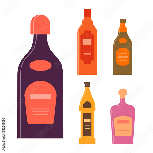 Set bottles of liquor rum balsam beer cream. Icon bottle with cap and label. Graphic design for any purposes. Flat style. Color form. Party drink concept. Simple image shape
