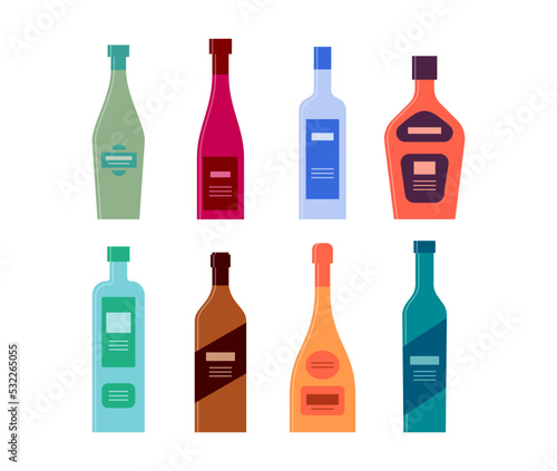 Set bottles of vermouth wine vodka rum gin balsam champagne schnapps. Icon bottle with cap and label. Graphic design for any purposes. Flat style. Color form. Party drink concept. Simple image shape