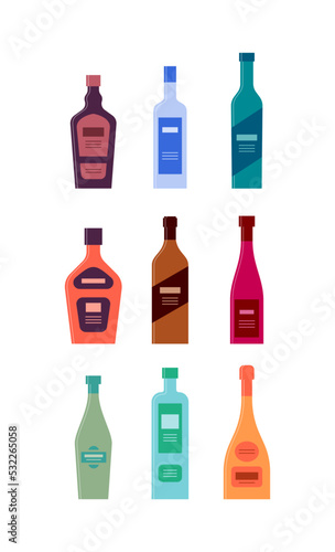 Set bottles of liquor vodka gin rum whiskey wine vermouth schnapps champagne tequila. Icon bottle with cap and label. Graphic design for any purposes. Flat style. Color form. Party drink concept.