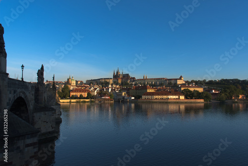 Prague panorama in a summer morning. Near Charles Bridge with a view of Prague Castle.