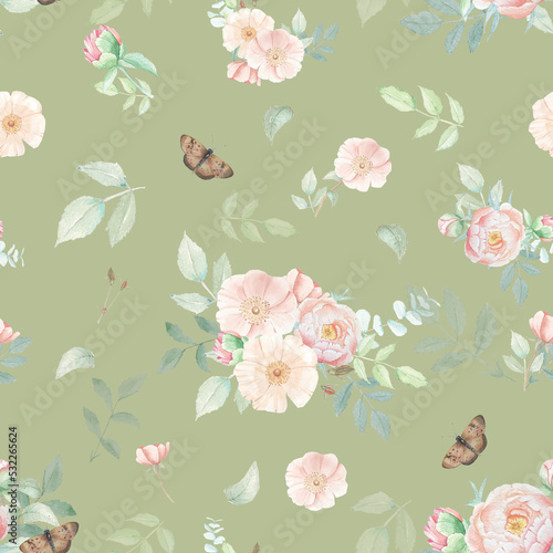 Watercolor vintage seamless pattern  peony and roses