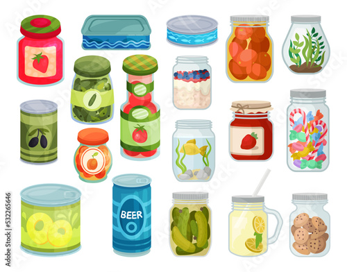Tableau sur toile Cans and Jars with Preserved Food and Snacks Big Vector Set