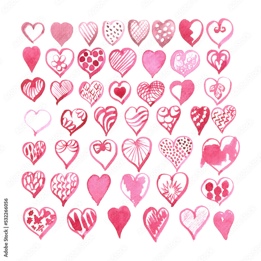 A set of hearts painted in watercolor isolated on a flat background.