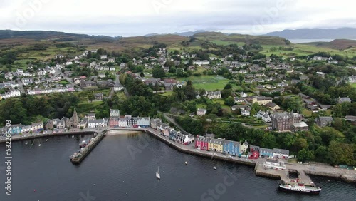 Aerial view on the Tobermory, UK now the main town on Mull island at the cloudy weather