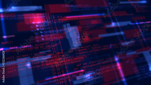 Banner with programming source code. 3d vector illustration with web programming source code.