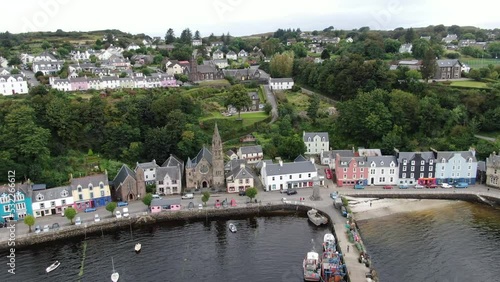 Aerial view on the Tobermory, UK now the main town on Mull island at the cloudy weather