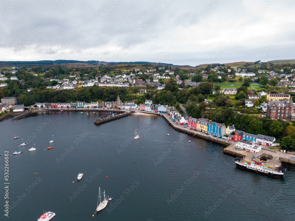 Aerial view on the Tobermory, UK now the main town on Mull island at the cloudy weather
