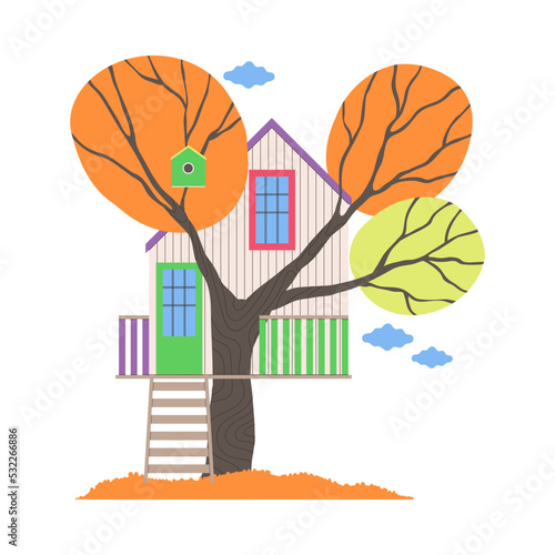 Backyard Tree House with Ladder as Summer Hut for Outdoor Activity or Pastime Vector Illustration