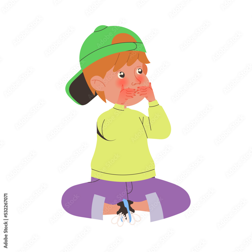 Cute Little Boy in Baseball Cap Sitting Crosslegged Covering His Mouth