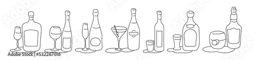 Liquor wine champagne martini vodka tequila whiskey bottle and glass outline icon on white background. Black white cartoon sketch graphic design. Doodle style. Hand drawn image. Party drinks concept