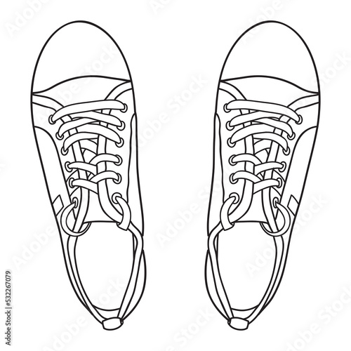 Hand drawn sneakers, gym shoes. Doodle vector illustration. Top view
