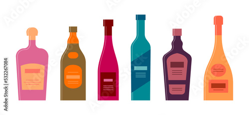 Set bottle of tequila whiskey wine vodka liquor champagne in row. Icon bottle with cap and label. Graphic design for any purposes. Flat style. Color form. Party drink concept. Simple image shape