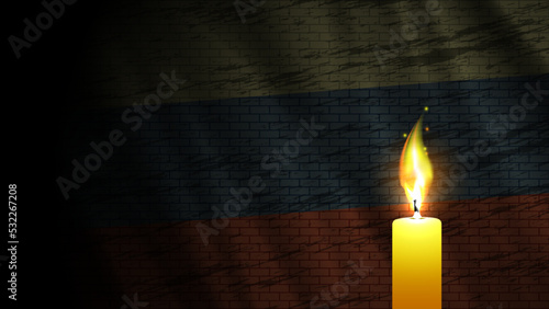 Vector mournful burning wax candle on the background of a dark wavy flag of Russia with a brick wall structure. Wallpaper or poster