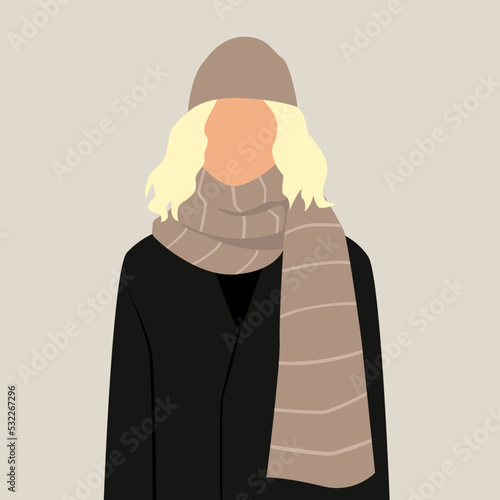 Blond girl dressed in a beige scarf and a cap