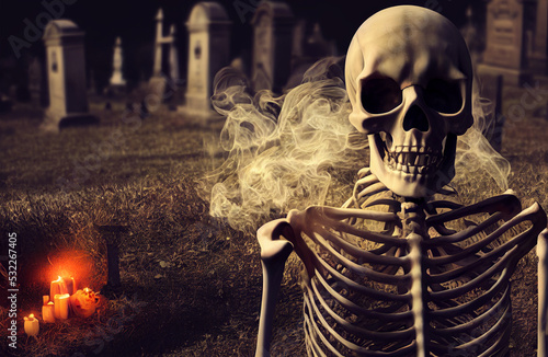 Print op canvas scary skeleton emerging in dark cemetery at night Halloween background