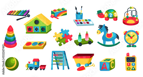 Colorful Kids Toys with Rocking Horse, Ball, Pyramid, Train, Paints and Xylophone Vector Set © Happypictures