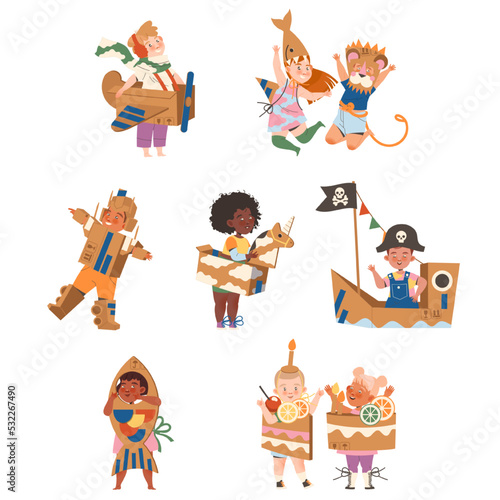 Happy Children in Homemade Cardboard Costume Playing and Having Fun Vector Set © Happypictures