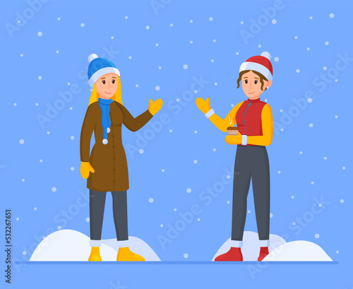 Vector illustration of winter women. Two girls playing snowballs on the street. 