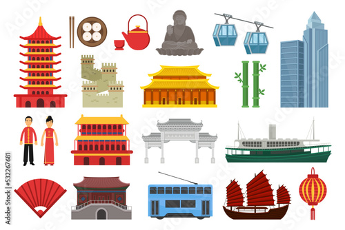 Chinese Symbols and Landmarks of China with Building and Transport Big Vector Set