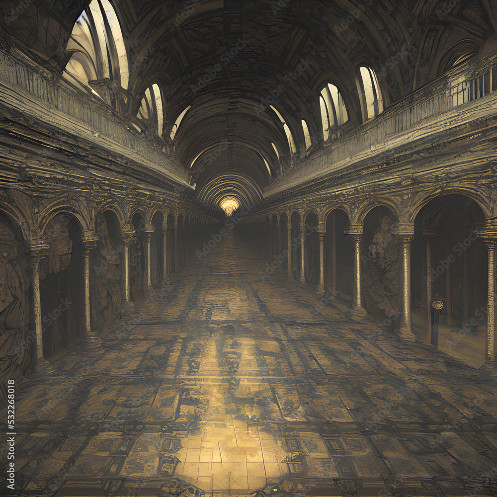 3d Illustration of Mistery catacombs,ancient corridors, leading to nowhere. High quality illustration