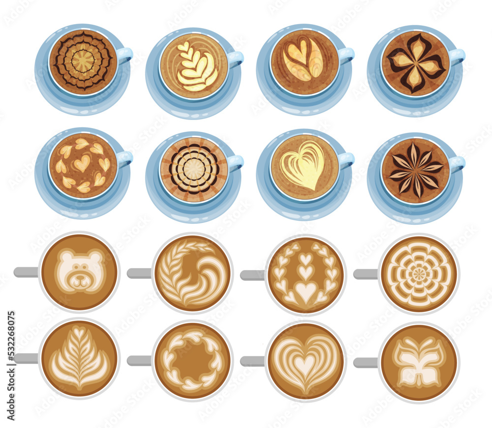 Latte Art with Coffee Cup on Saucer with Milk Foam Drawing Big Vector Set  Stock Vector