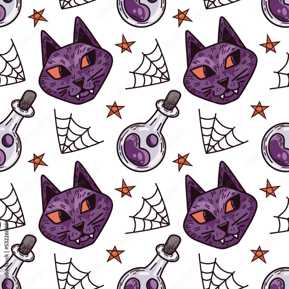 Halloween vector pattern. Seamless background with cats, potions, cobwebs and stars. Digital wallpaper for design, decorations, wrapping paper.