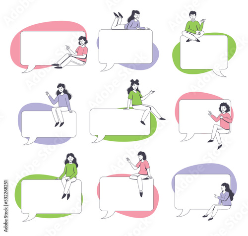 Communication Speech Bubble with People Character Sitting on It Vector Set
