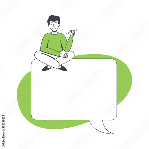 Communication Speech Bubble with Man Character Sitting On Top of It Vector Illustration