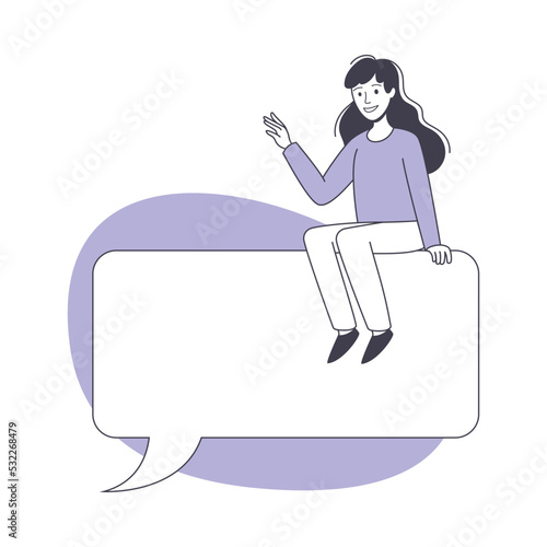 Communication Speech Bubble with Woman Character Sitting on It Vector Illustration
