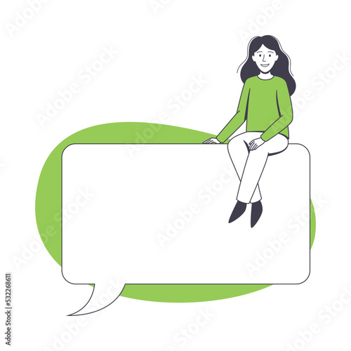 Communication Speech Bubble with Woman Character Sitting on It Vector Illustration